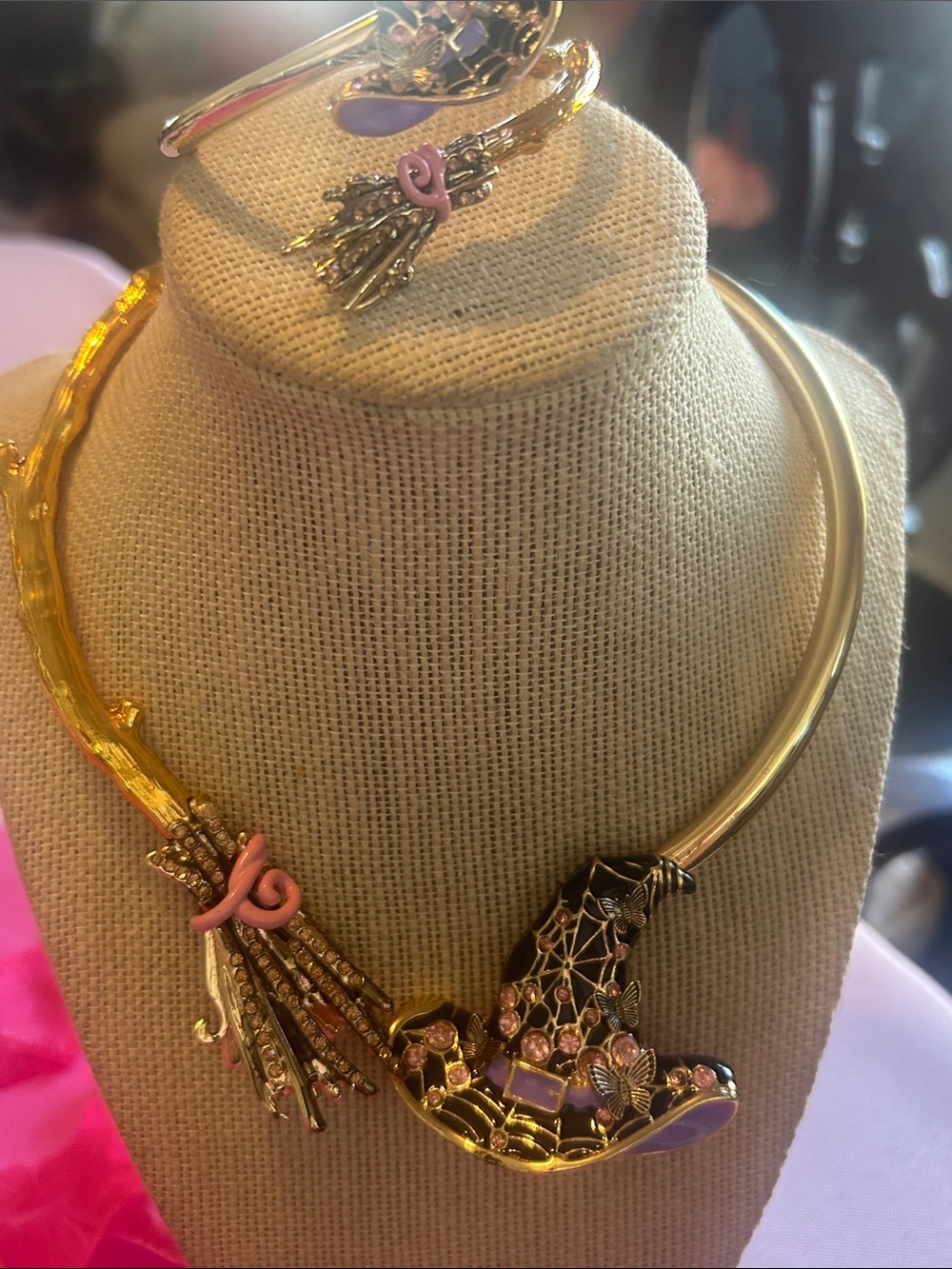 Betsey Johnson Gold and Pink Floral Collar Necklace and cuff Bracelet